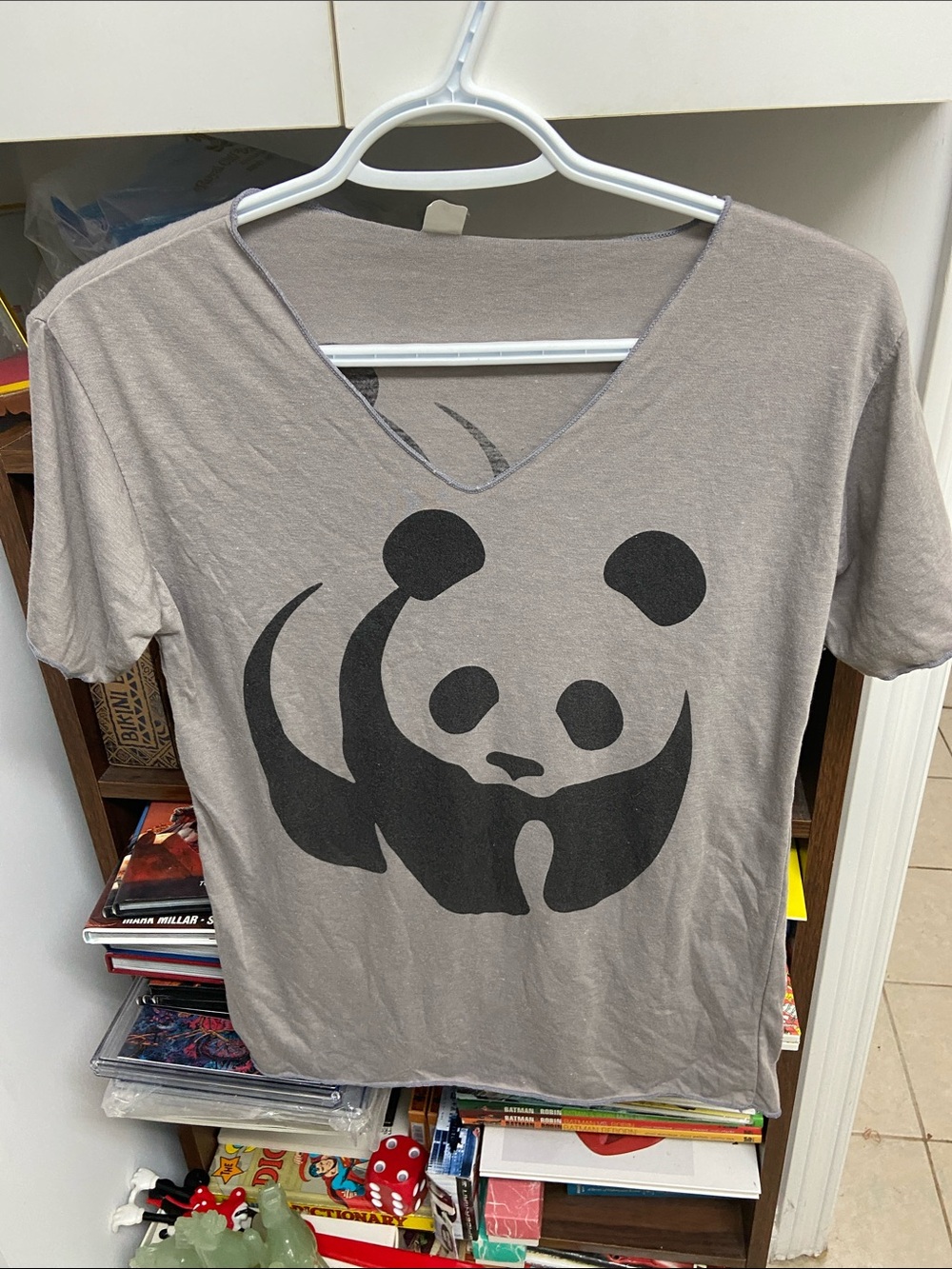 Women's Taupe V-Neck Tee with Black Pandas 🐼 Graphic